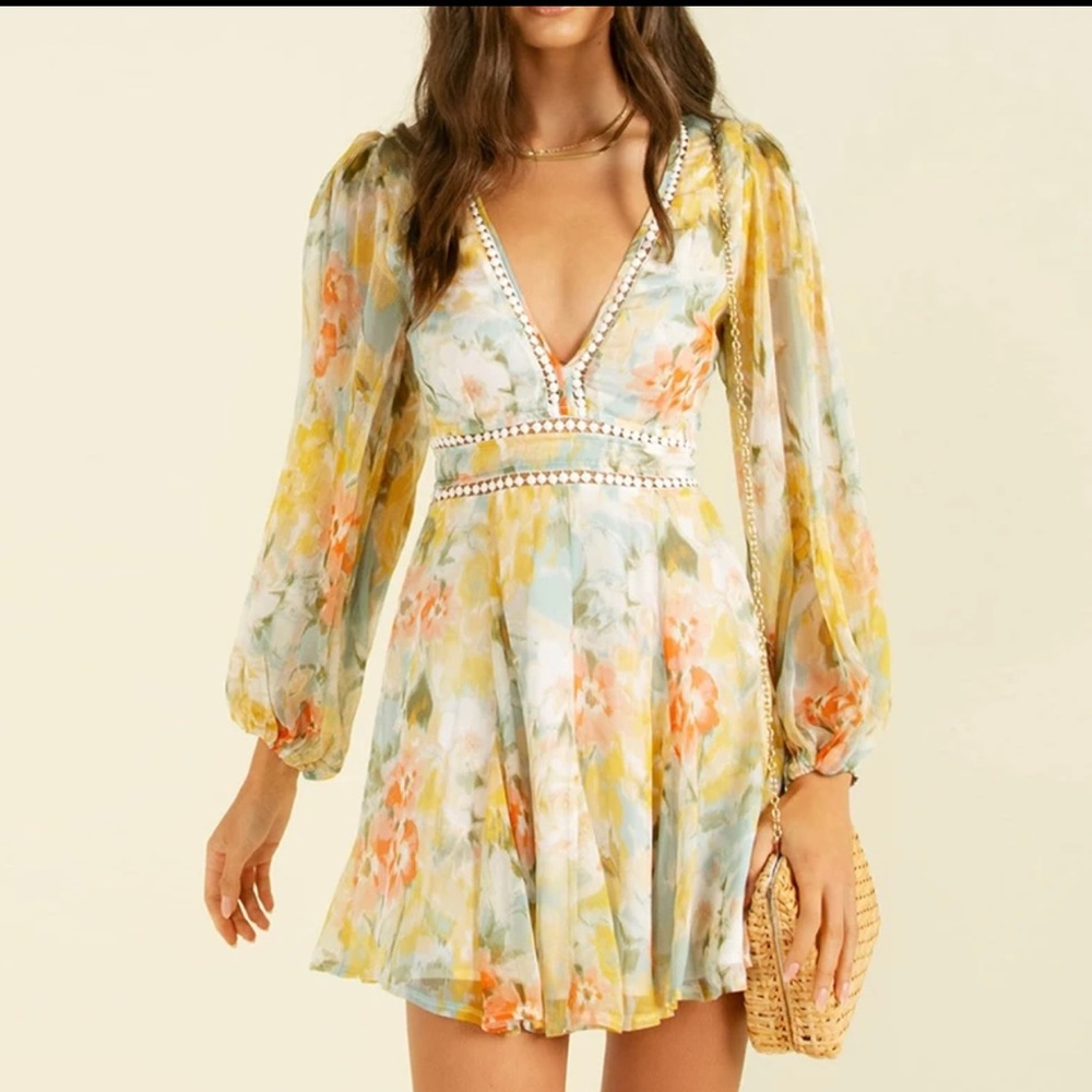 2026Autumn V Neck Floral Print Dress Women Chiffon Lace Patchwork